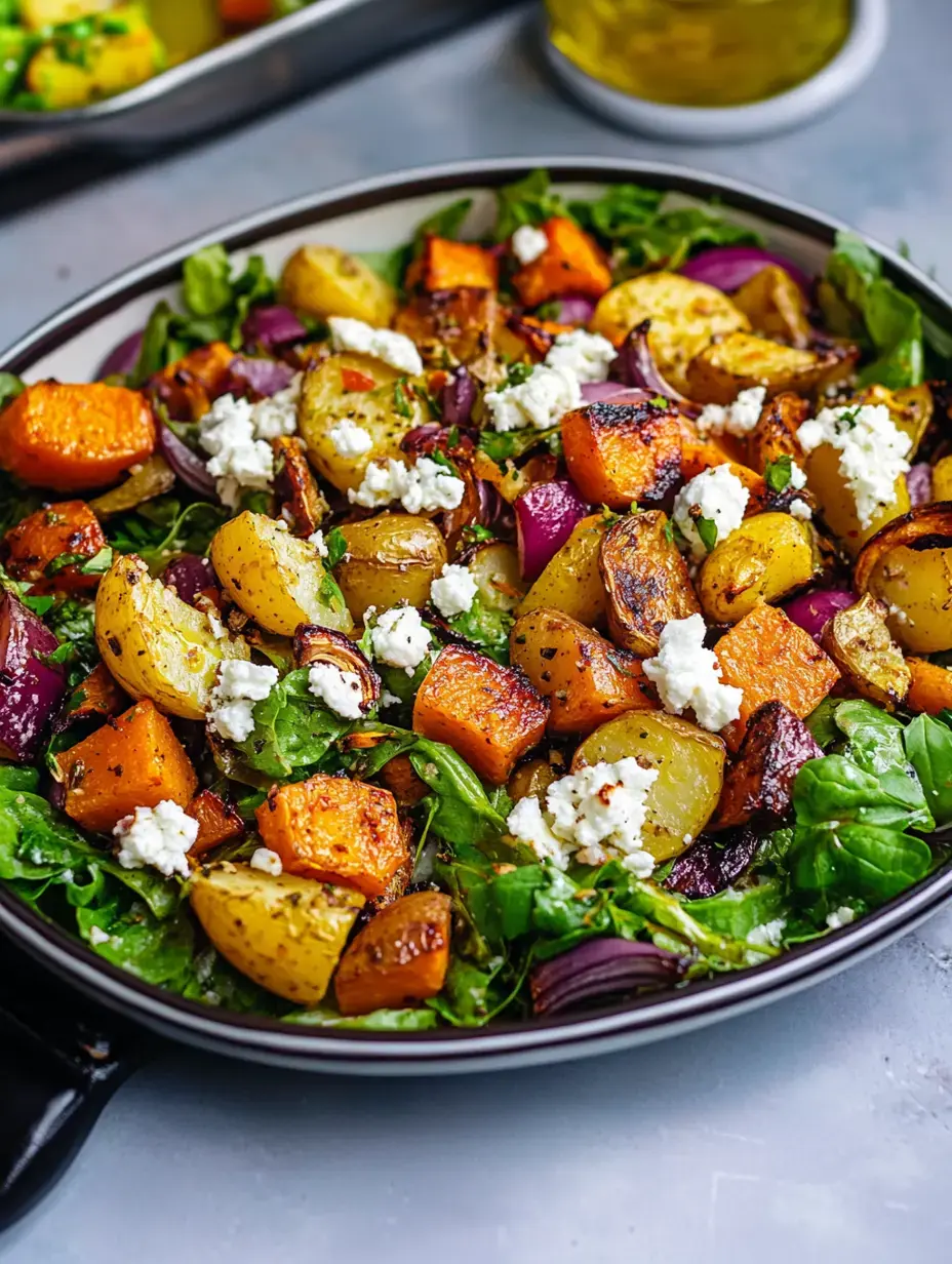 Eine Nahaufnahme einer Salatschüssel gefüllt mit Blattsalat, belegt mit gerösteten Kartoffeln, Butternusskürbis, roten Zwiebeln und zerbröckeltem Fetakäse.