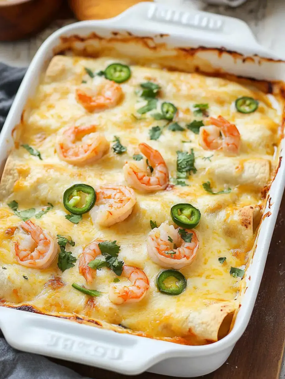 Eine gebackene Schüssel mit Garnelen-Enchiladas, bedeckt mit geschmolzenem Käse, Jalapeñoscheiben und frischem Koriander.