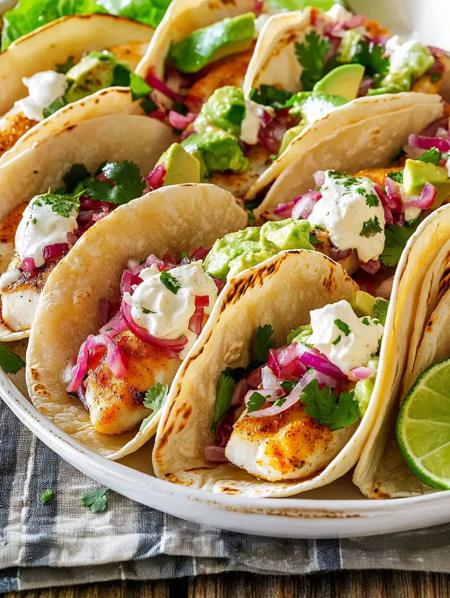 Eine Nahaufnahme eines Tellers mit Fisch-Tacos, belegt mit Avocado, saurer Sahne, Koriander und roten Zwiebeln, dazu eine Limettenspalte.