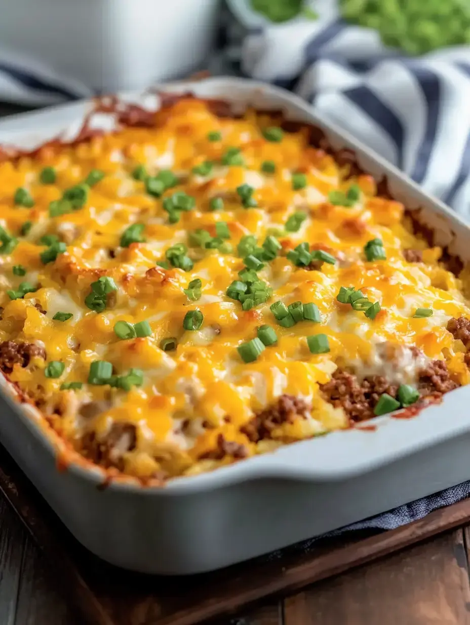 Ein gebackener Auflauf mit geschmolzenem Cheddar und Frühlingszwiebeln garniert.