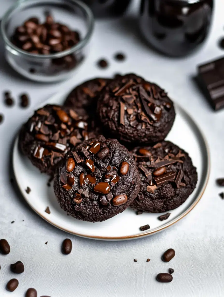 Ein Teller mit dunklen Schokoladenkeksen belegt mit Schokoladenraspeln und Kaffeebohnen, umgeben von verstreuten Kaffeebohnen und Schokoladenstücken.