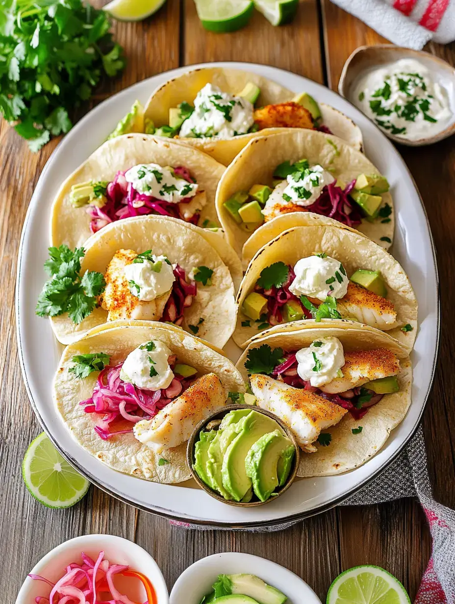 Eine Platte mit sechs Fisch-Tacos, garniert mit Creme, eingelegten roten Zwiebeln und Avocado, dazu Limettenspalten und weitere Beläge.