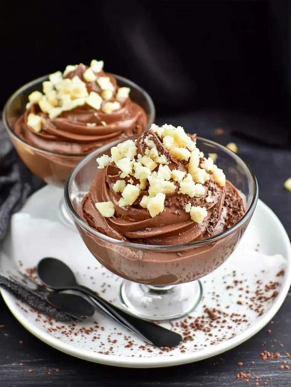 Zwei Becher mit cremigem Schokoladenmousse, garniert mit gehackten Nüssen, auf einem weißen Teller serviert, daneben schwarze Löffel.