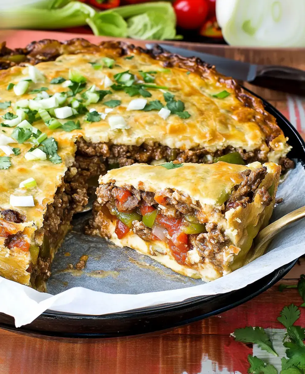 Ein Stück geschichtete herzhafte Pastete mit Hackfleisch, Tomaten und grünen Paprikas, garniert mit Frühlingszwiebeln und Koriander, serviert in einer runden Schüssel.