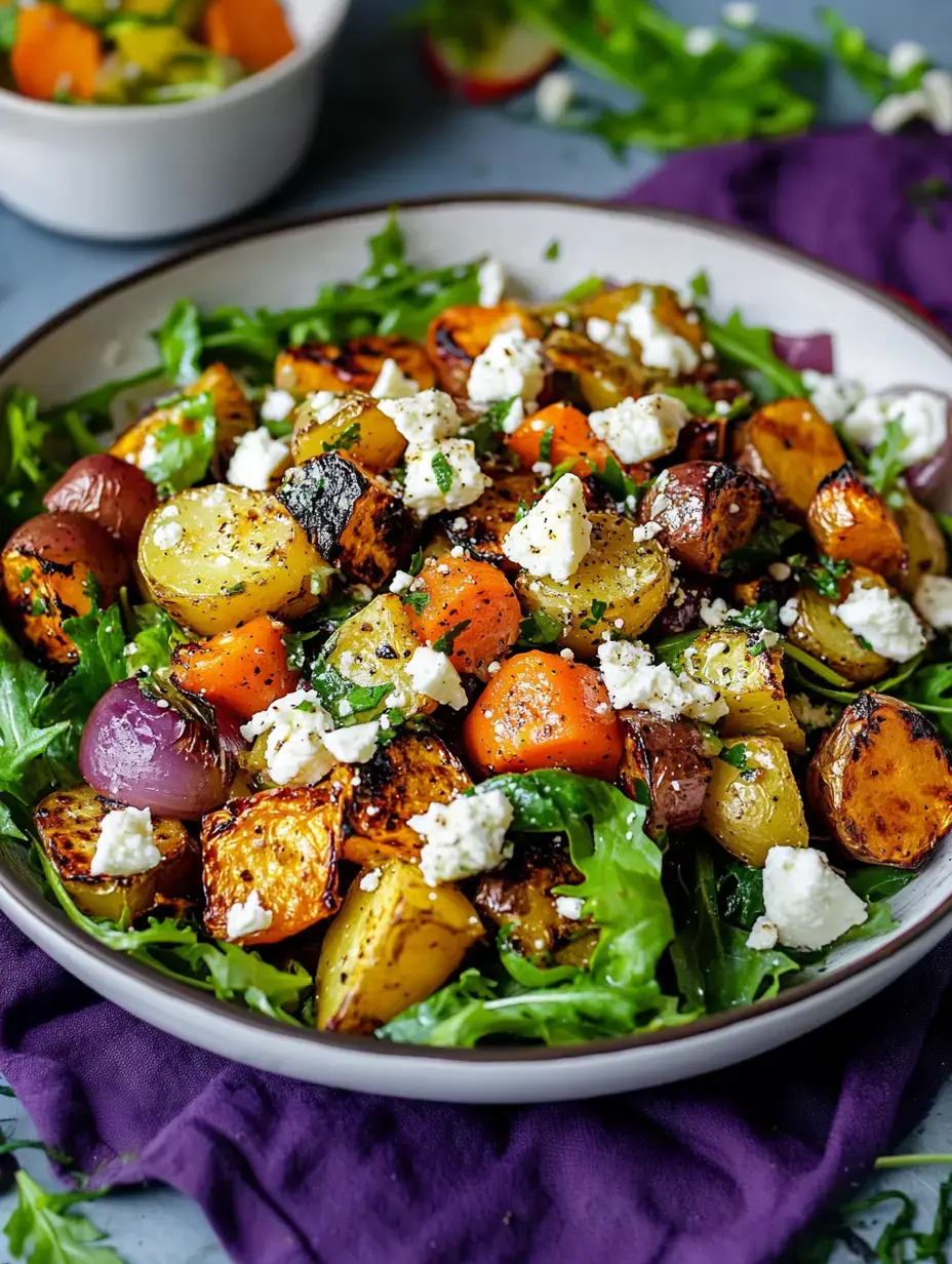 Ein lebendiger Salat mit gerösteten Kartoffeln, Möhren und Zwiebeln, bestreut mit zerbröckeltem Fetakäse und serviert auf einem Bett aus Rucola, mit einer Schüssel eingelegtem Gemüse im Hintergrund.