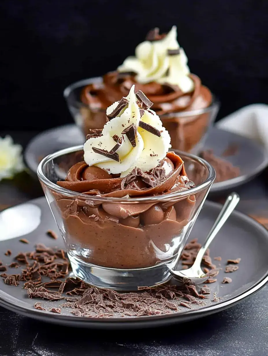 Eine Nahaufnahme von zwei Gläsern mit Schokoladenmousse, garniert mit Schlagsahne und Schokoladenraspeln auf dunklem Hintergrund.