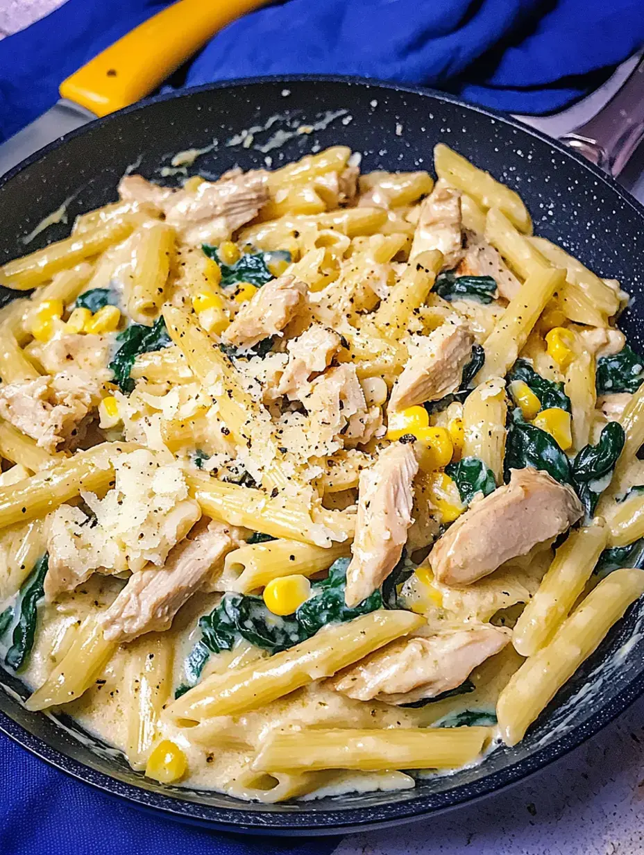 Eine Pfanne gefüllt mit cremigen Nudeln, gemischt mit Hähnchen, Spinat und Mais, garniert mit geriebenem Käse und schwarzem Pfeffer.