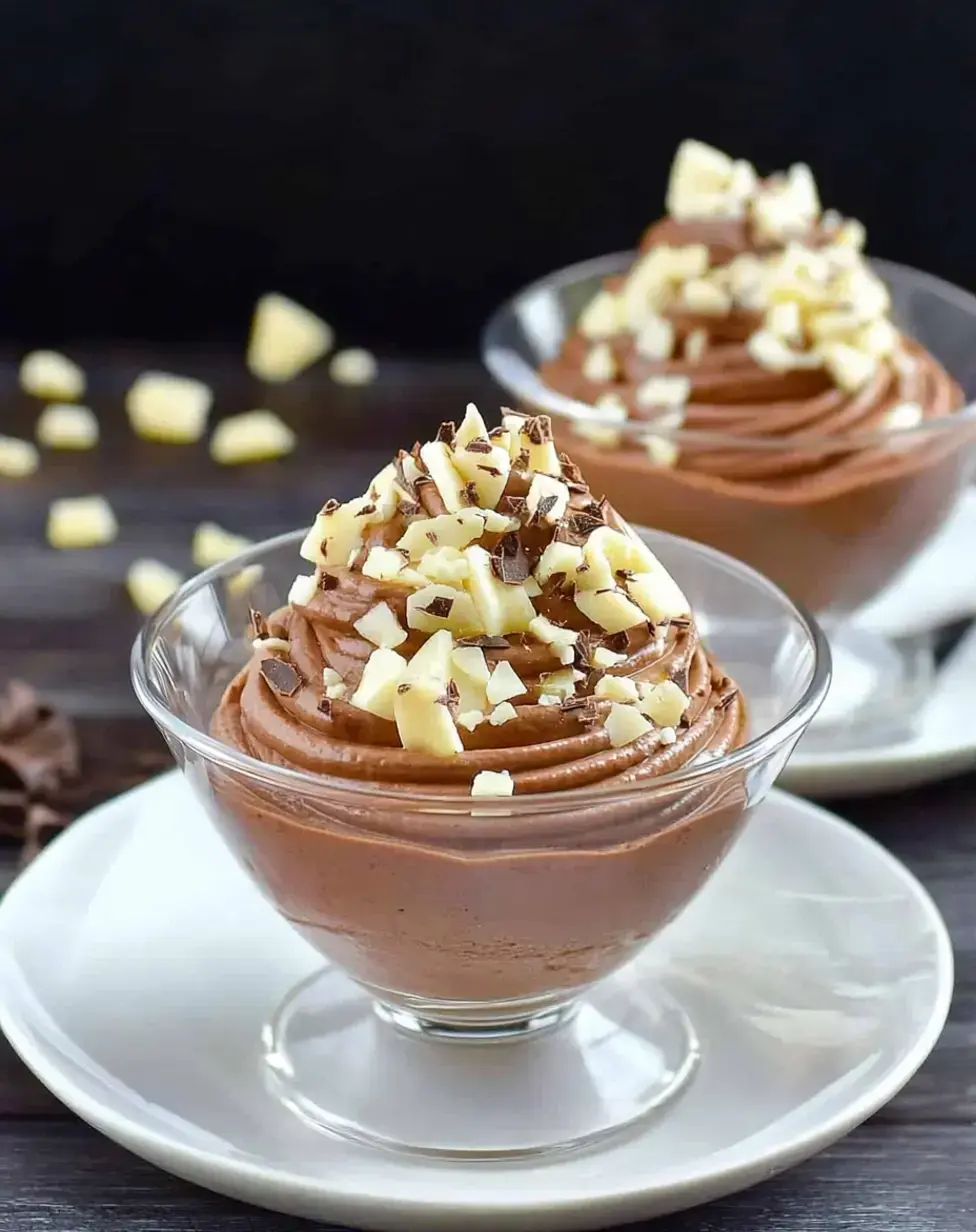 Zwei Dessertgläser gefüllt mit Schokoladenmousse, verziert mit weißen Schokoladenspänen und dunklen Schokoladenlocken, auf einer Holzunterlage.