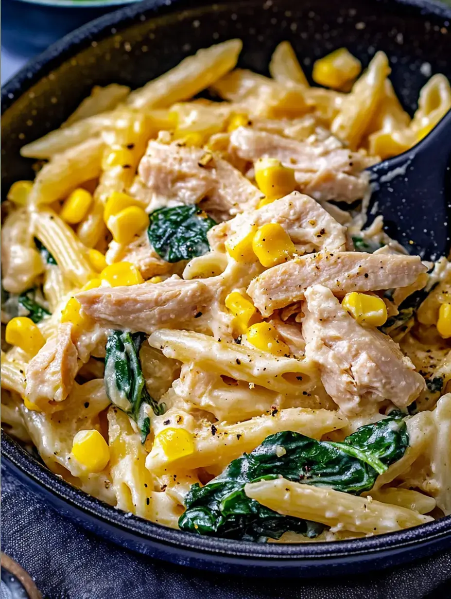 Nahaufnahme eines cremigen Nudelgerichts mit Penne, gezupftem Hähnchen, Mais und Spinat, garniert mit schwarzem Pfeffer.
