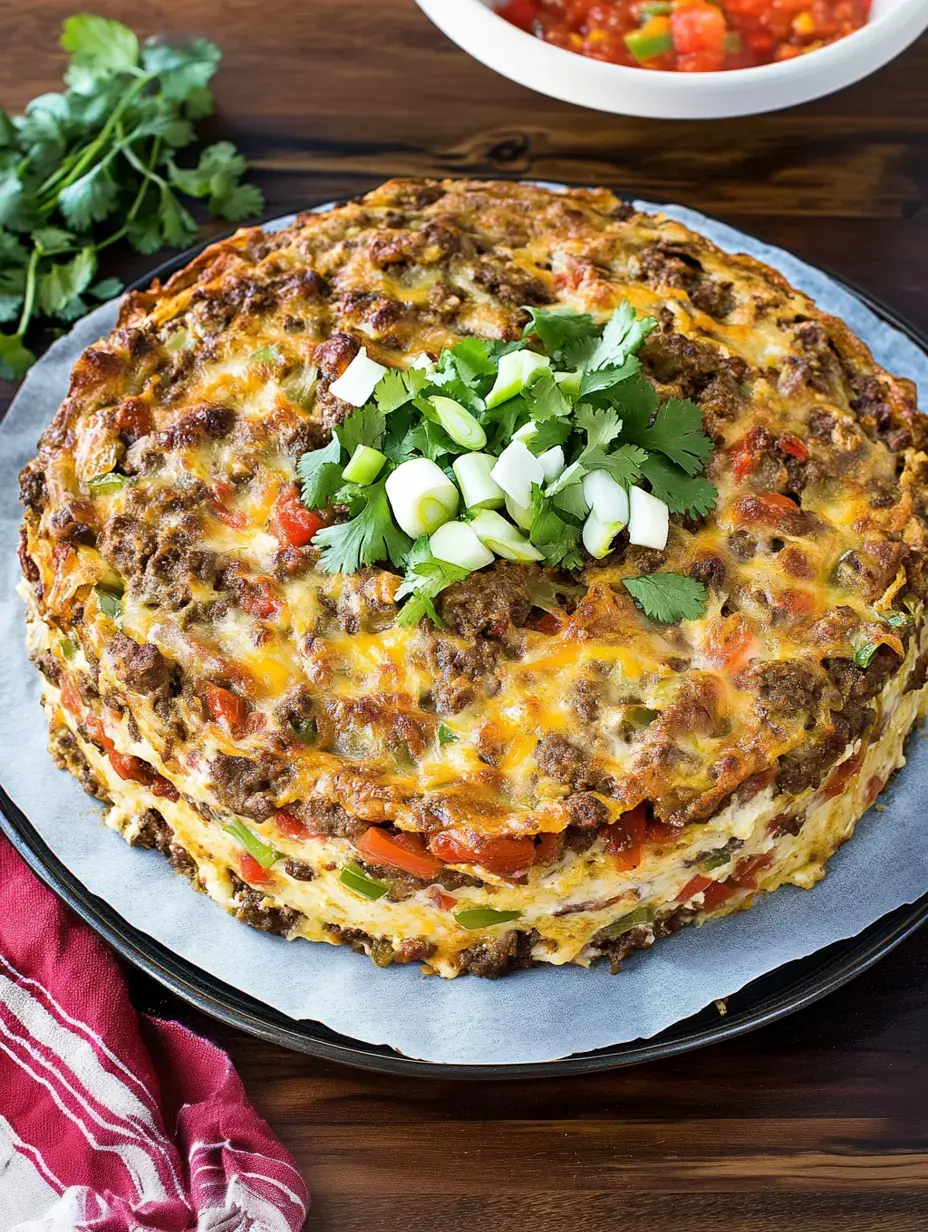 Ein geschichteter Auflauf mit Frühlingszwiebeln und Koriander garniert, serviert mit einer Schüssel Salsa auf einem Holztisch.