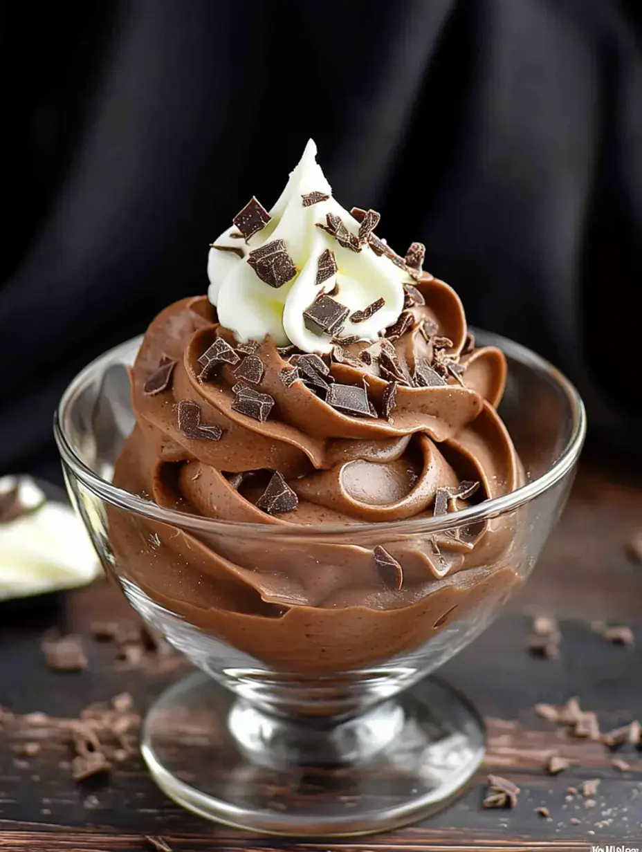 Eine Glasschale gefüllt mit geschwungenem Schokoladenmousse, garniert mit Schlagsahne und Schokoladenraspeln.