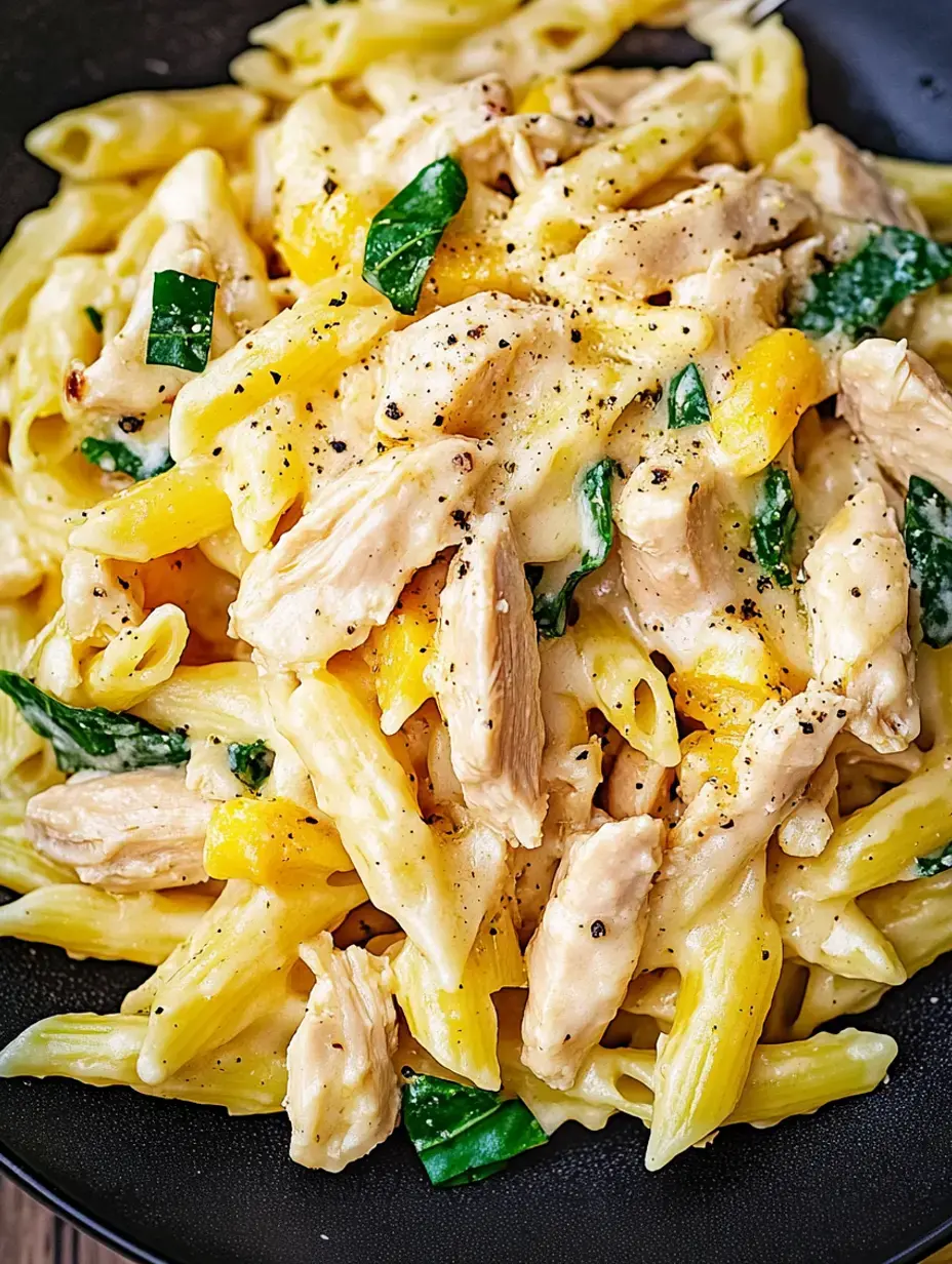 Nahaufnahme von cremigen Nudeln mit Penne, Hähnchenstücken und Spinat, garniert mit schwarzem Pfeffer auf einem dunklen Teller.