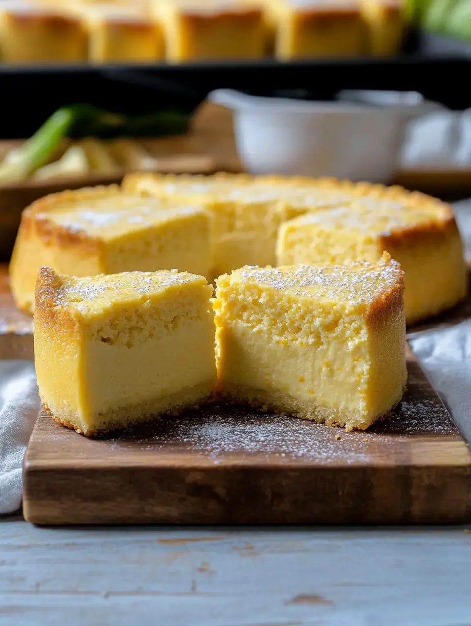 Ein Stück cremiger Käsekuchen, mit Puderzucker bestäubt, liegt auf einem Holzbrett mit weiteren Käsekuchenstücken im Hintergrund.