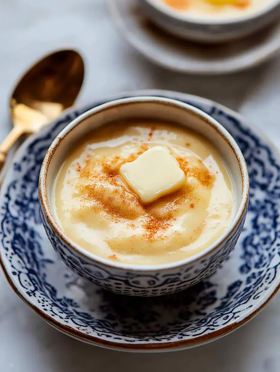 Eine Schüssel cremiges Kartoffelpüree mit einem Stück Butter und Paprika bestreut, auf einem blau-weißen Dekoteller serviert.
