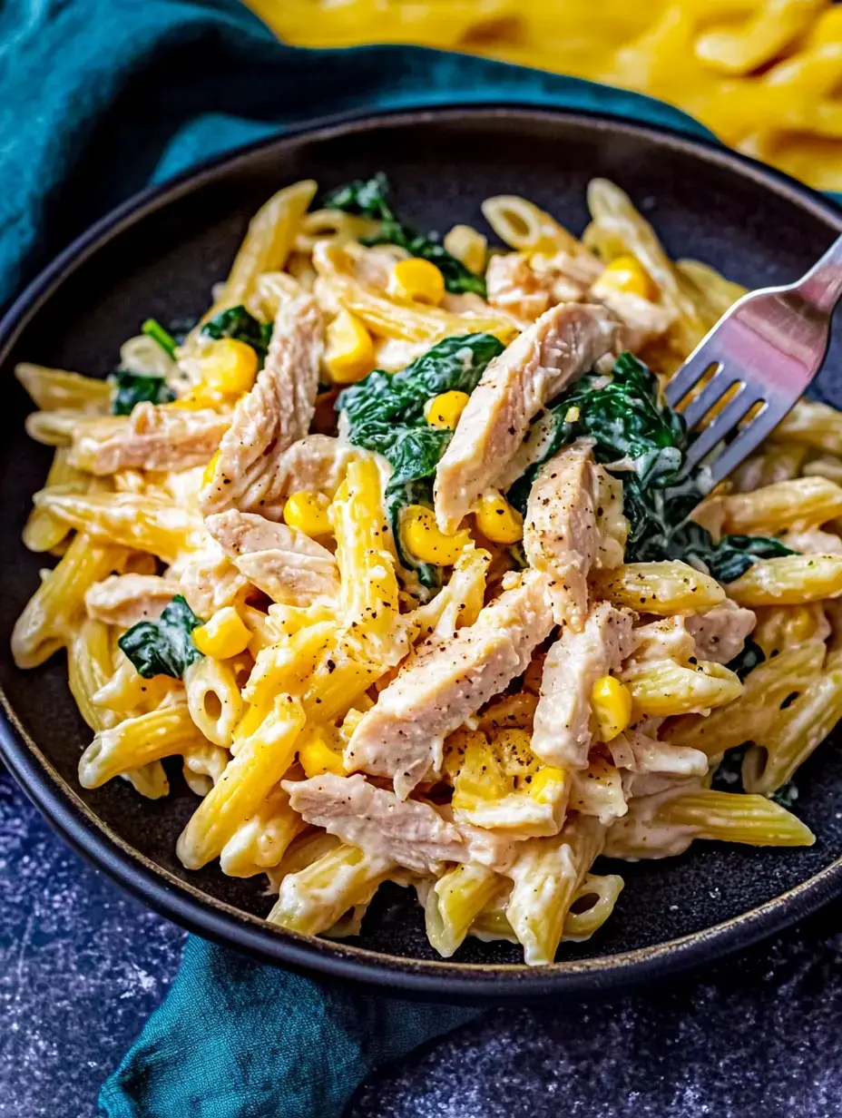 Nahaufnahme einer Schüssel mit cremigen Nudeln, gemischt mit gezupftem Hähnchen, Spinat und Mais, garniert mit schwarzem Pfeffer.