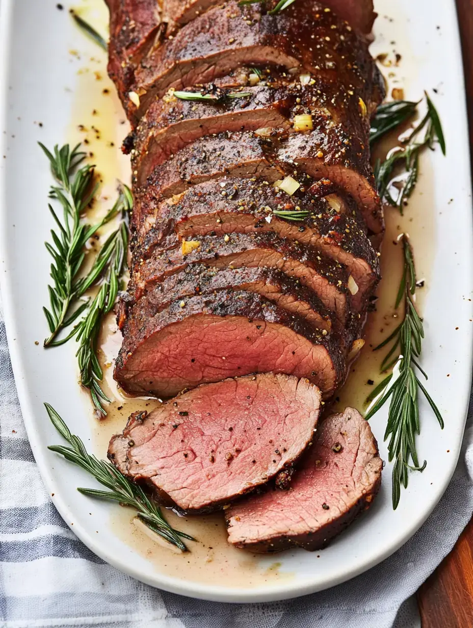 Eine Platte mit geschnittenem Rinderbraten, garniert mit frischem Rosmarin und mit Bratensaft beträufelt.