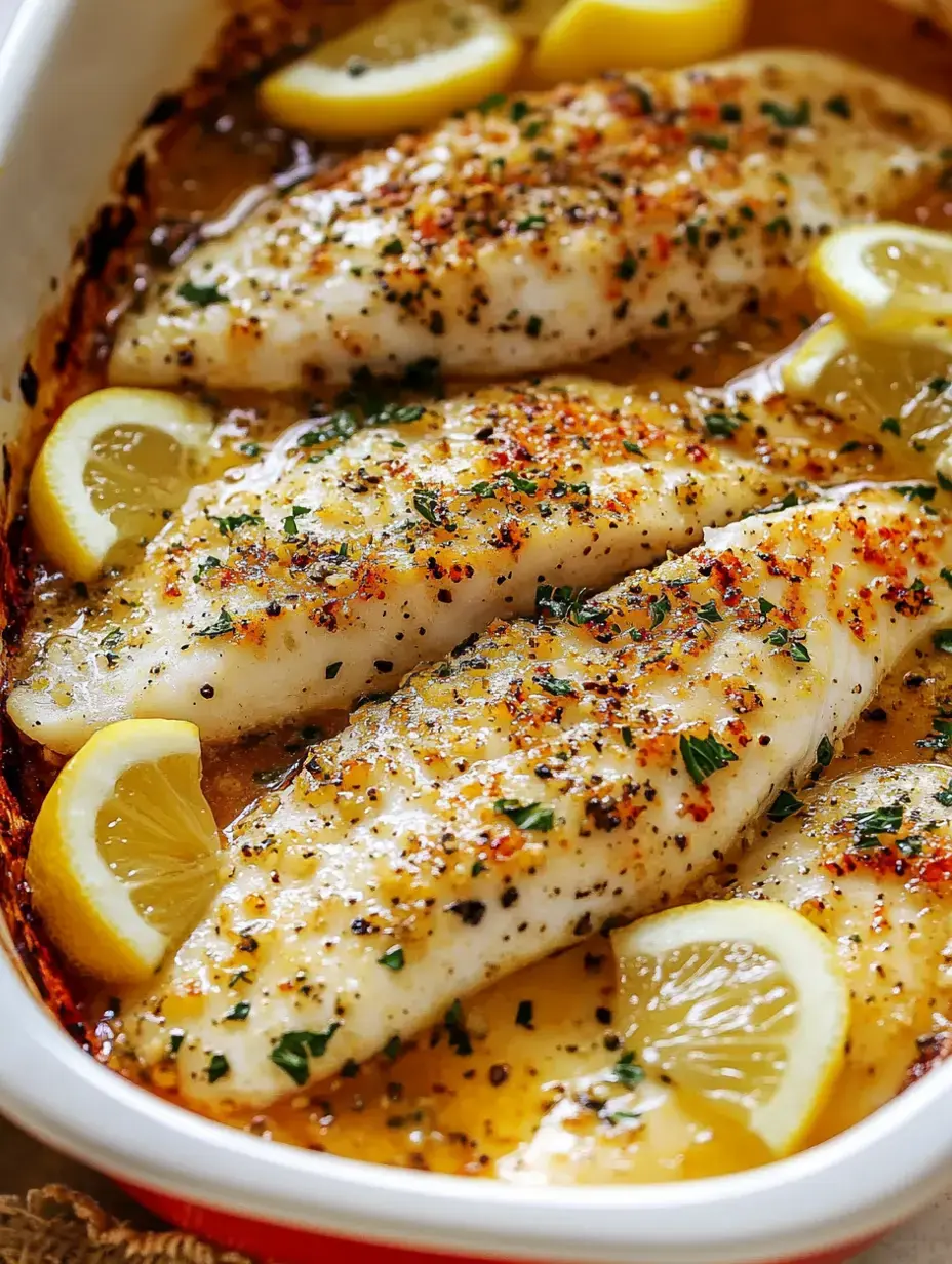 Gebackene Fischfilets garniert mit Zitronenscheiben und Kräutern sind in einer weißen Schüssel angerichtet.
