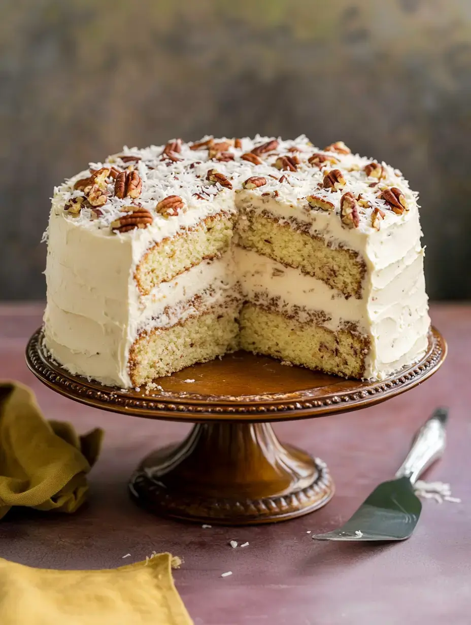 Ein ansprechender geschichteter Kuchen mit Sahneglasur, garniert mit Kokos und Pekannüssen, wird auf einem hölzernen Kuchenständer präsentiert, wobei ein Stück herausgeschnitten ist, um das Innere zu zeigen.