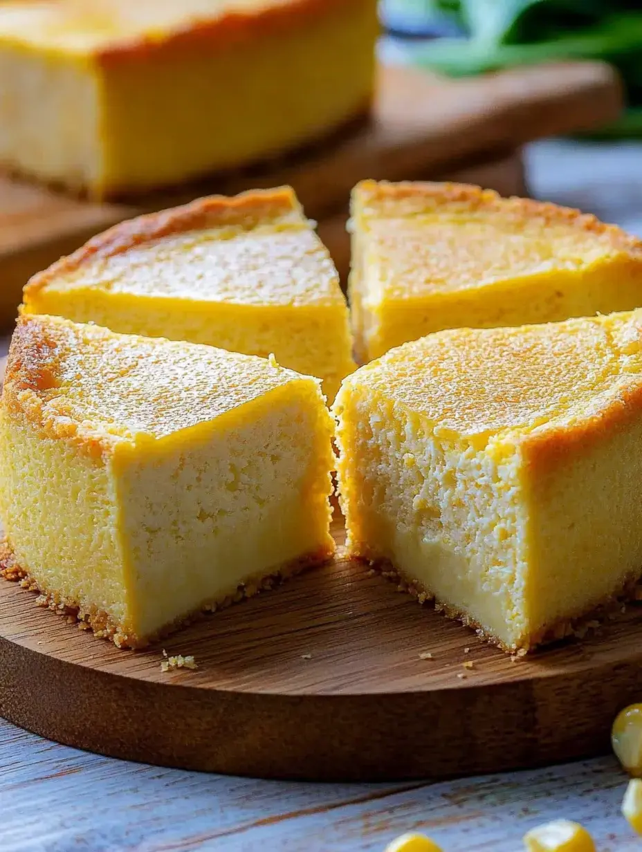 Ein frisch angeschnittenes Stück gelber Kuchen auf einem Holzbrett, das seine glatte Textur und goldene Oberseite zeigt.