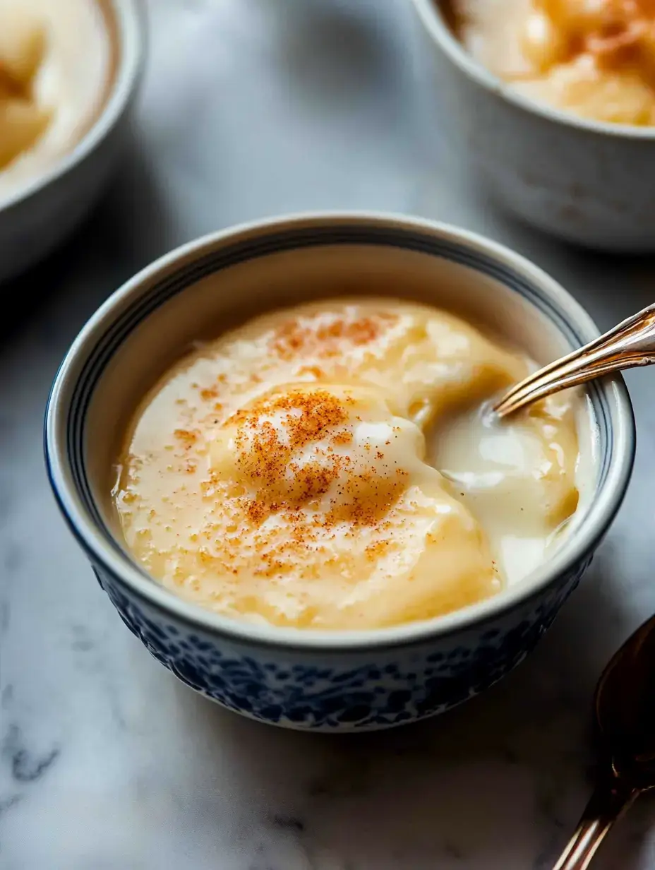 Nahaufnahme einer Schüssel mit cremigem Dessert und Zimtbestreuung, daneben ein goldener Löffel.