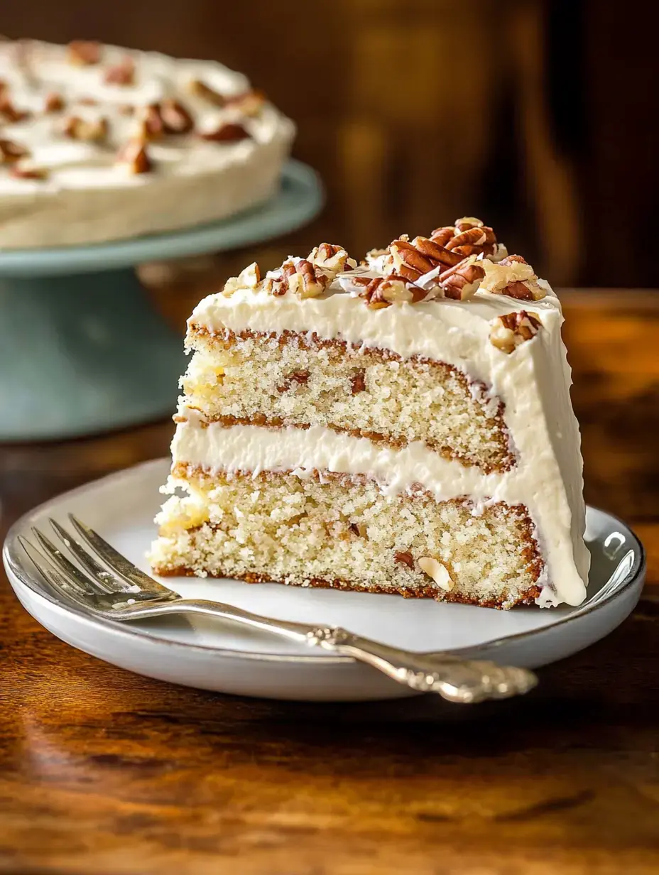 Ein Stück geschichteter Kuchen mit Sahneglasur und Pekannüssen obendrauf, serviert auf einem Teller mit einer Gabel.