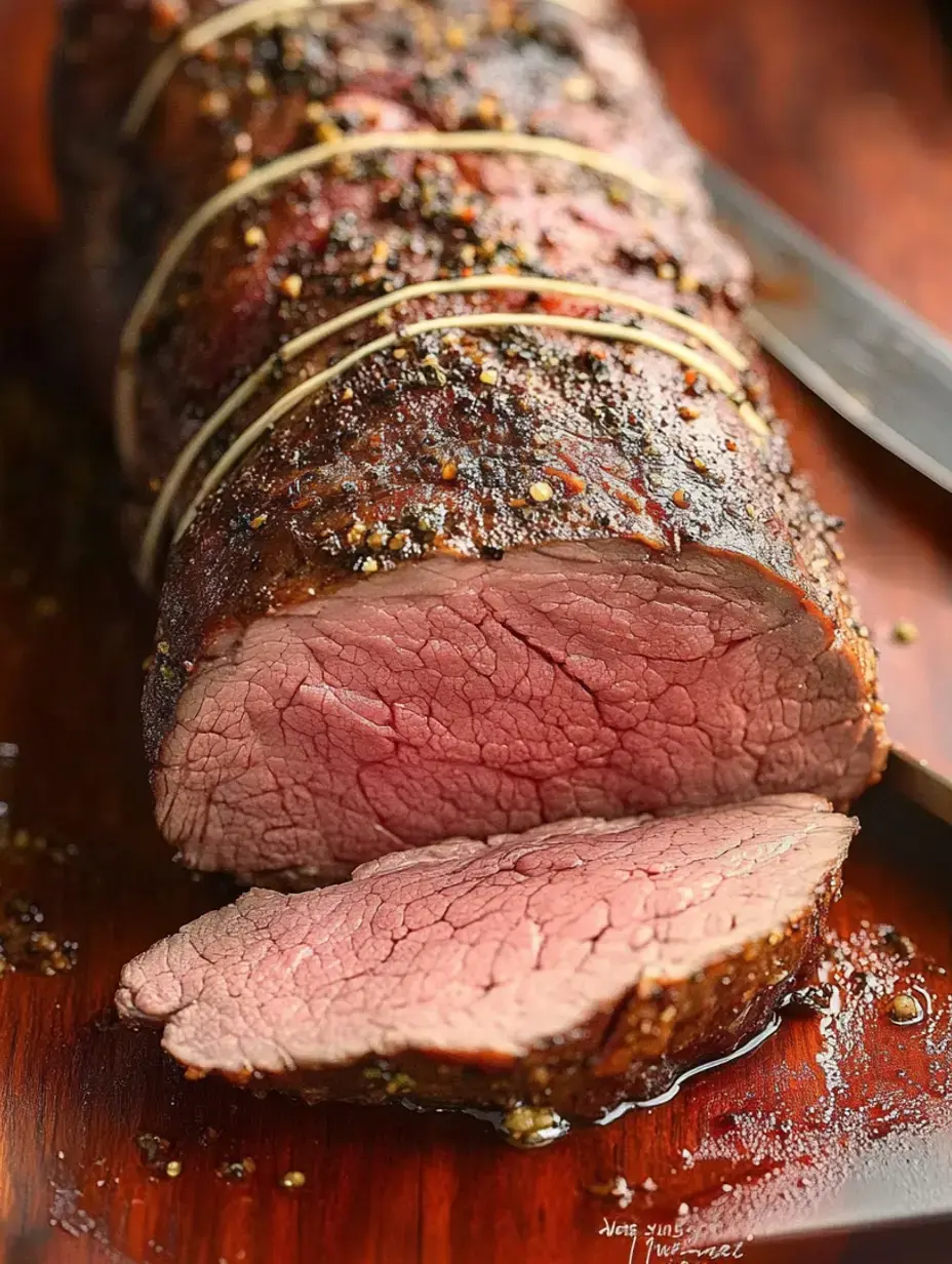 Ein perfekt gegartes und aufgeschnittenes Rinderfilet, mit Gewürzen garniert und auf einem Holzbrett präsentiert.