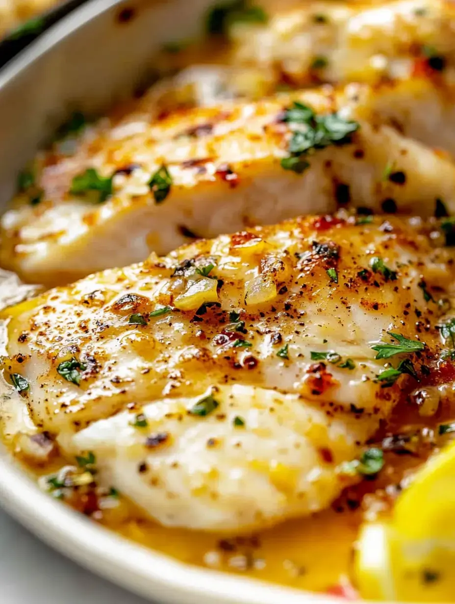 Eine Nahaufnahme von zarten Fischfilets mit Kräutern garniert und mit goldener Soße beträufelt.