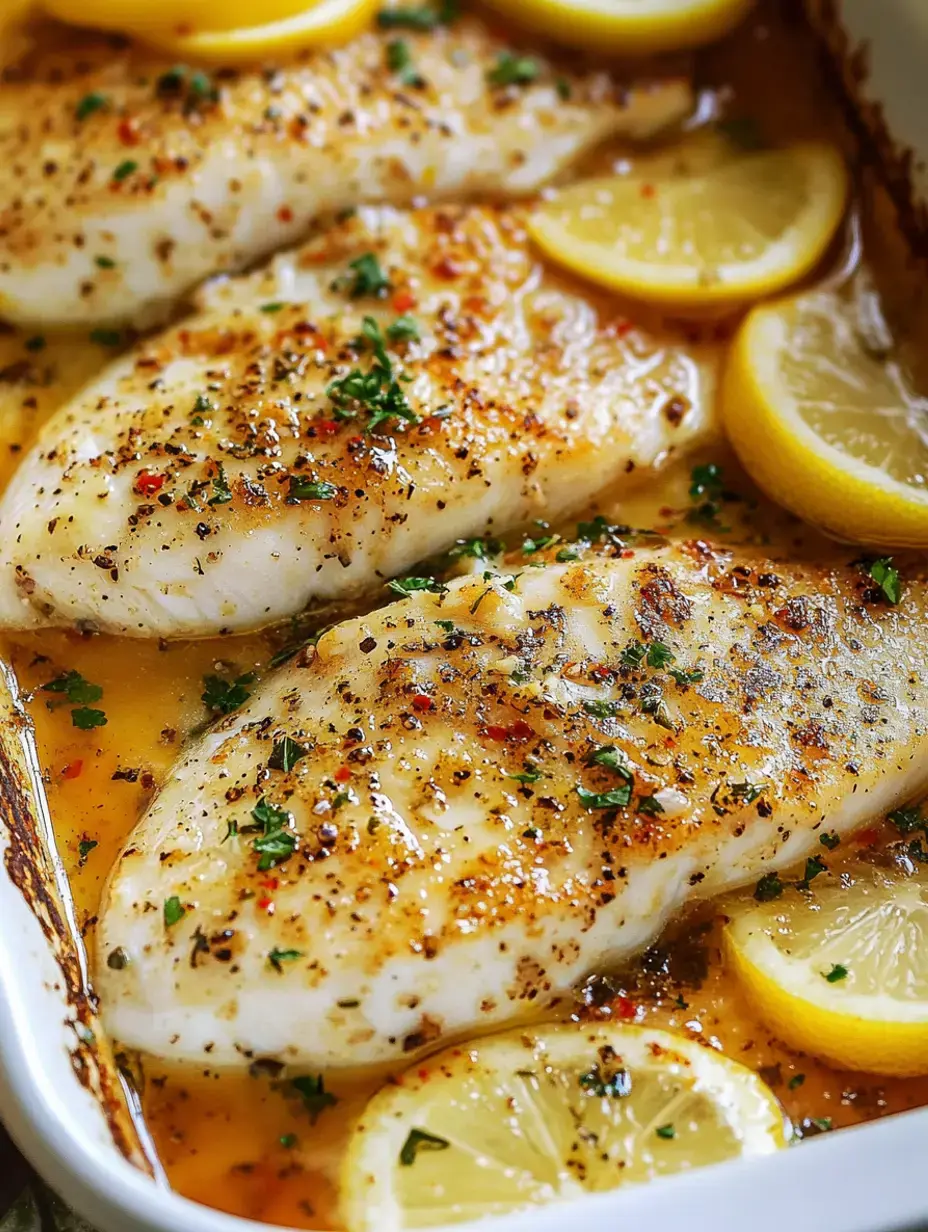 Gebackene Fischfilets sind mit Kräutern garniert und von Zitronenscheiben in einer würzigen Soße umgeben.
