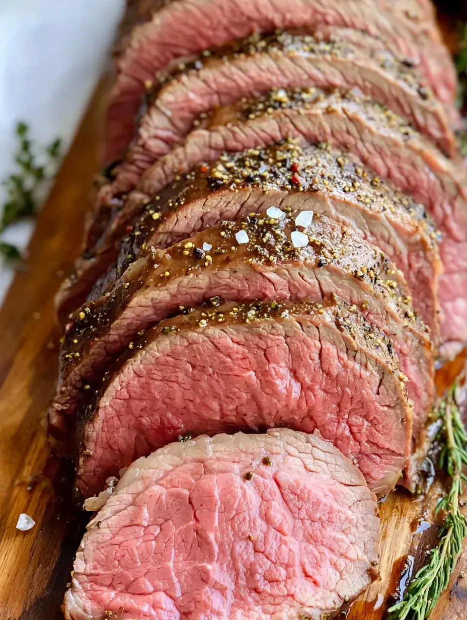 In Scheiben geschnittenes medium-rare Rinderfilet, mit Gewürzen und Kräutern garniert, auf einem Holzservierbrett.