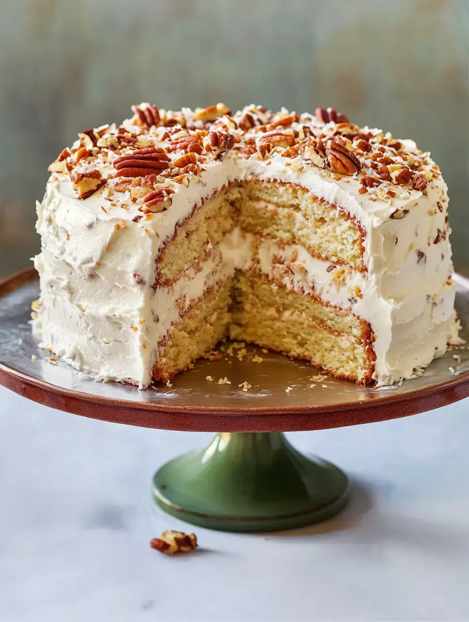 Ein dreischichtiger Kuchen mit cremiger Glasur und gehackten Pekannüssen, teilweise angeschnitten und auf einem dekorativen Ständer präsentiert.