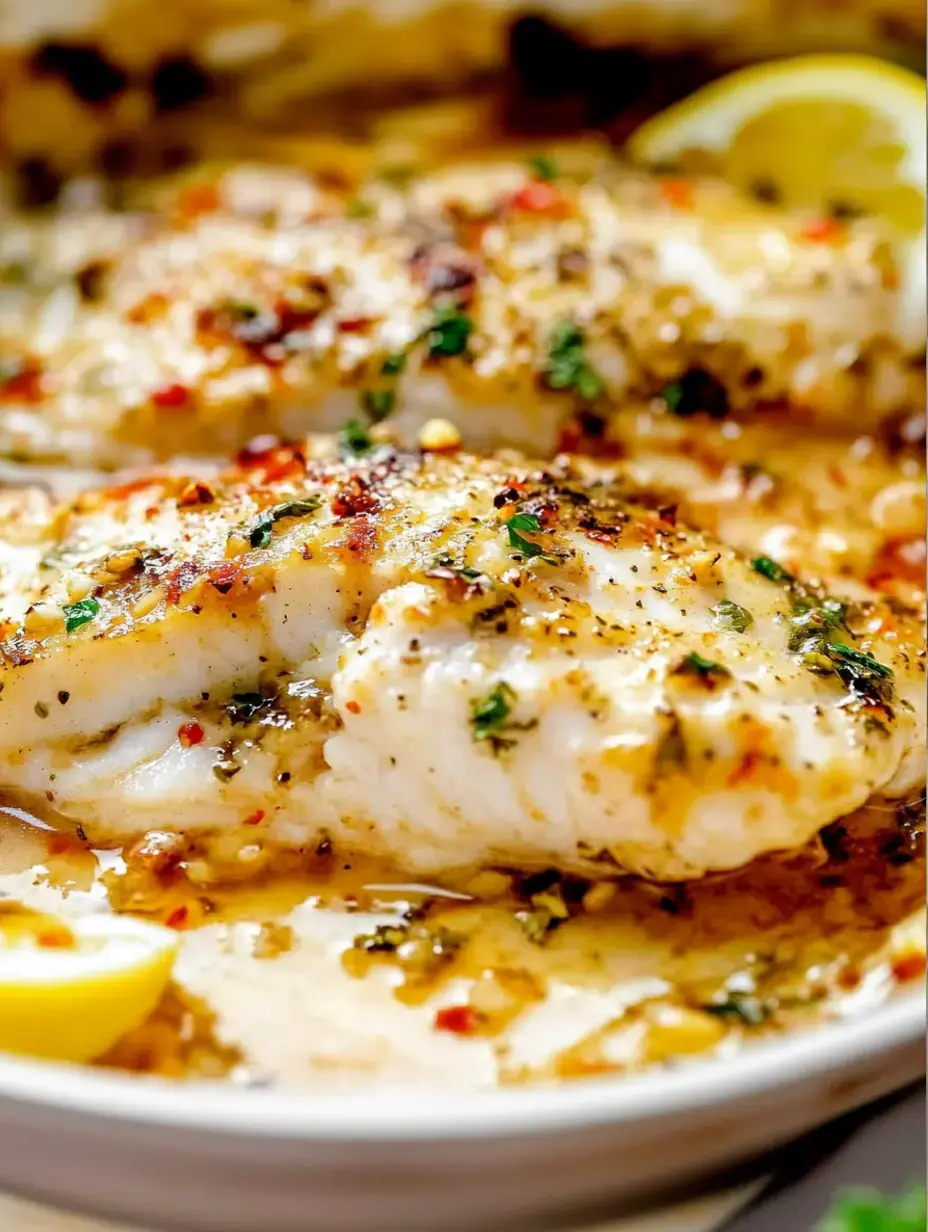 Eine Nahaufnahme von zwei Stücken gebackenem Fisch, gewürzt mit Kräutern und Gewürzen, garniert mit Zitronenscheiben.