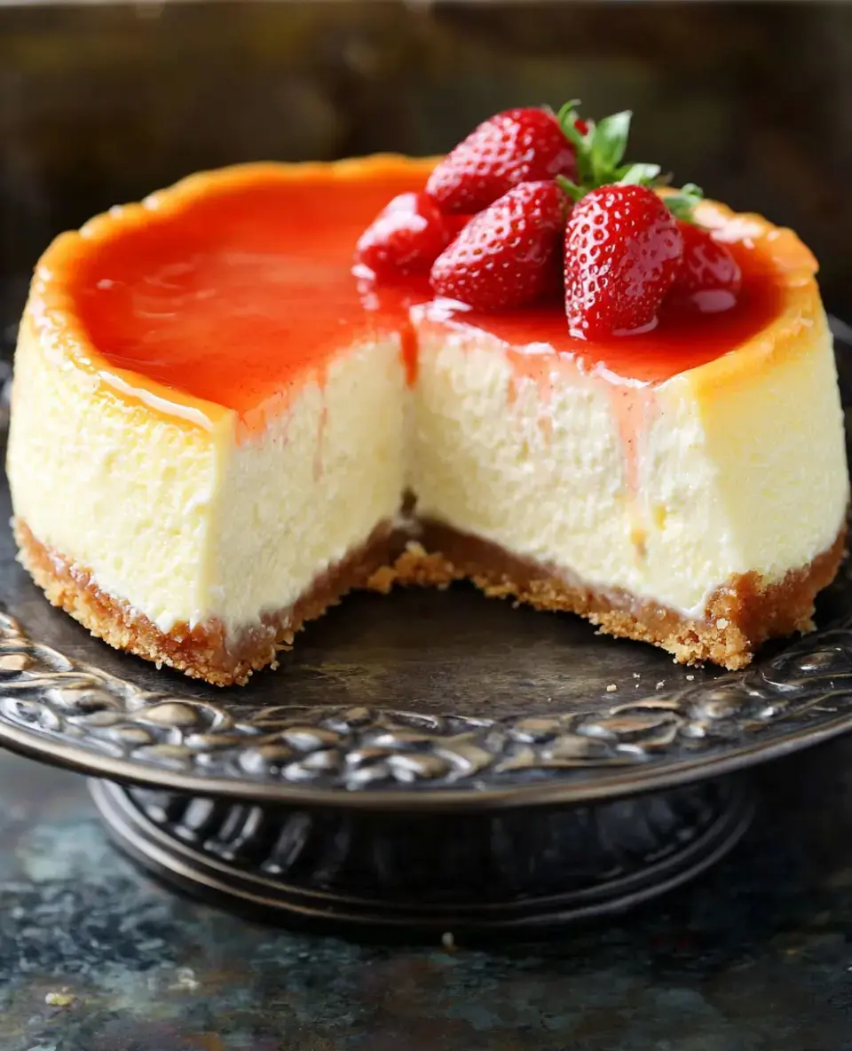 Ein angeschnittener Käsekuchen mit Erdbeerglasur und frischen Erdbeeren steht auf einer verzierten Servierplatte.