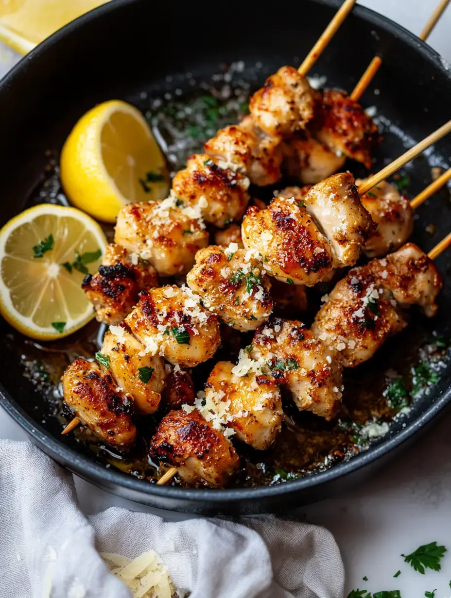 Gegrillte Hähnchen-Spieße mit Petersilie garniert und mit Zitronenspalten in einer schwarzen Pfanne serviert.