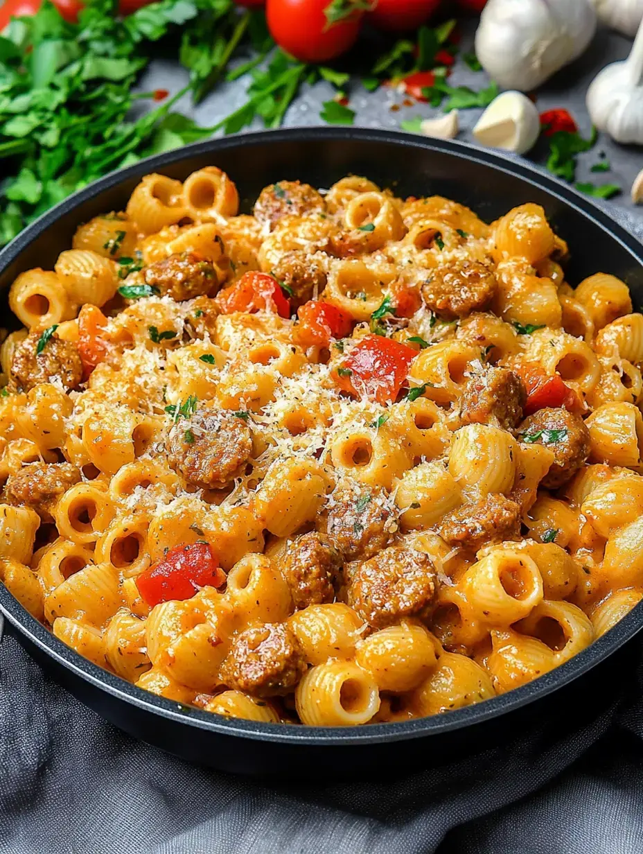 Eine Nahaufnahme einer Schüssel Pasta mit Wurst, Tomaten und Käse, garniert mit Kräutern, umgeben von frischem Gemüse.