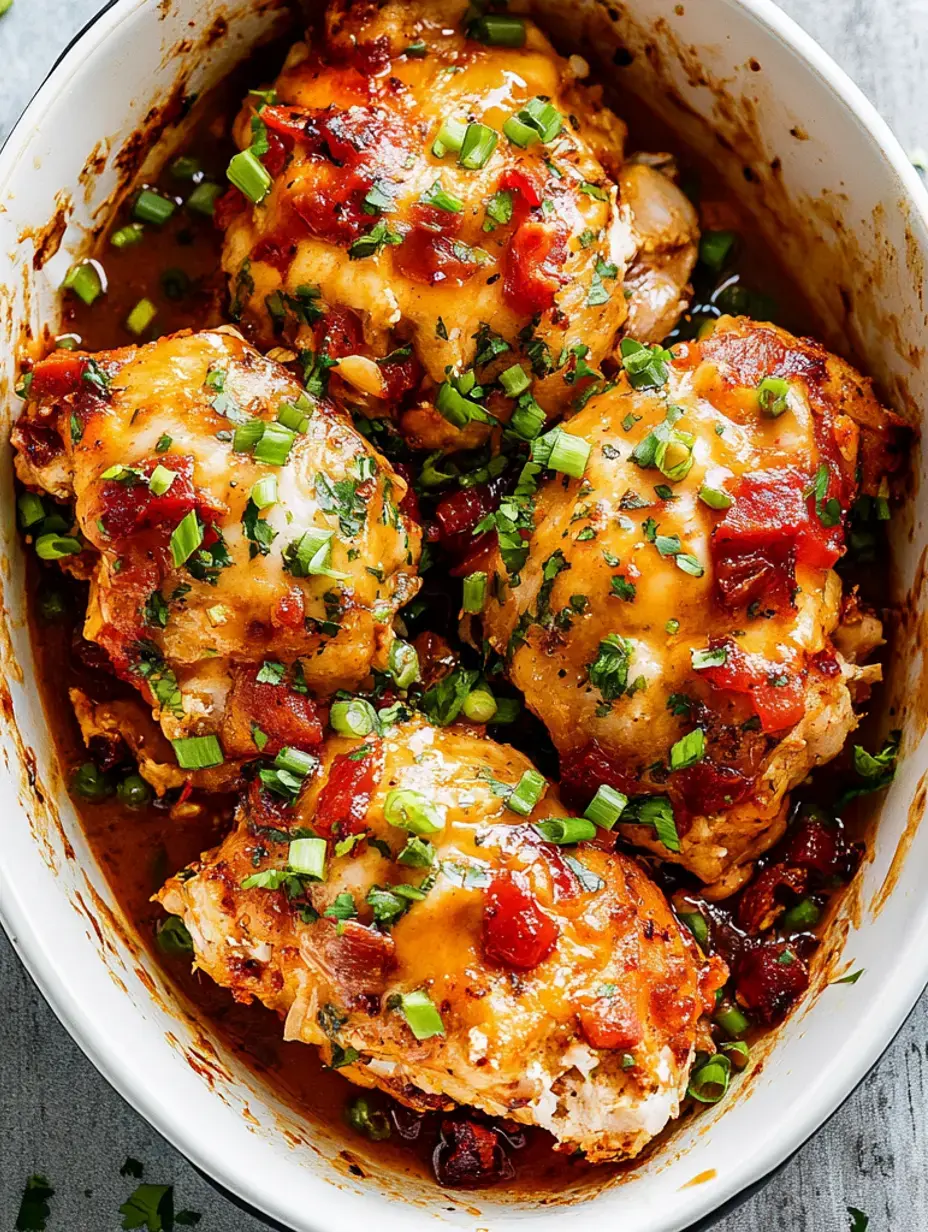 Ein gebackenes Gericht aus Hühnerschenkeln, überzogen mit geschmolzenem Käse, gewürfelten Tomaten und Frühlingszwiebeln in einer würzigen Sauce.