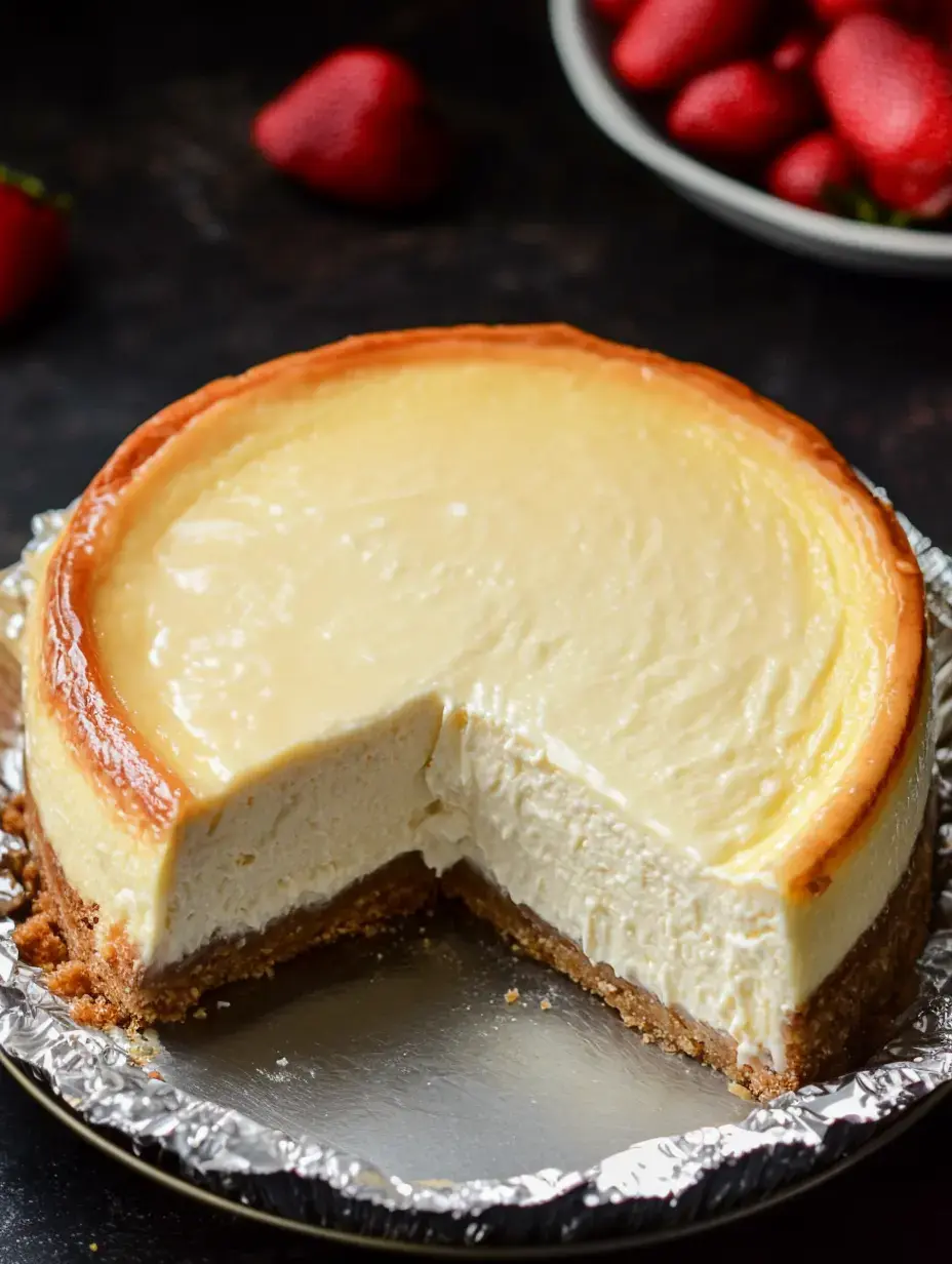 Ein cremiger Käsekuchen mit einem herausgeschnittenen Stück steht auf einer Silberplatte, begleitet von frischen Erdbeeren im Hintergrund.