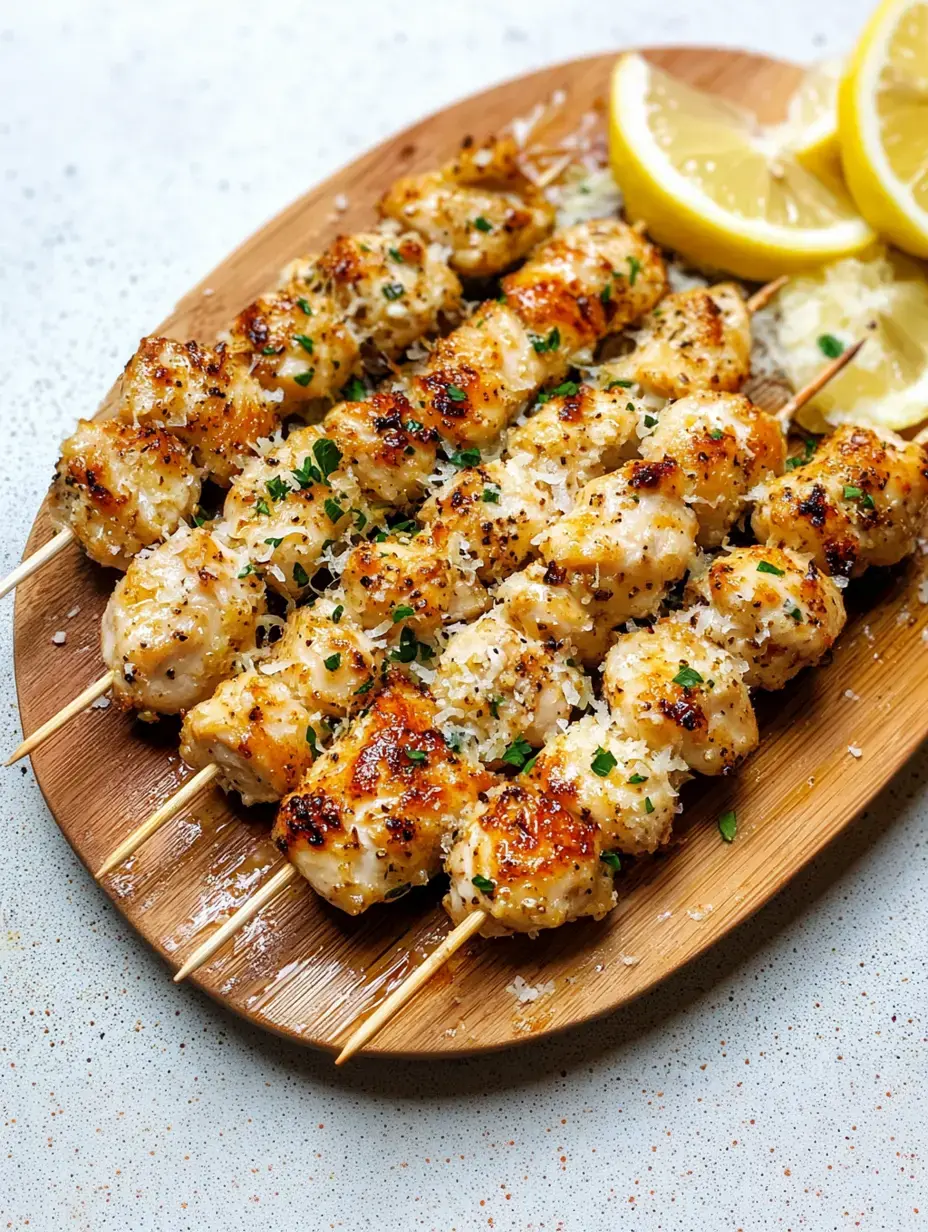 Gegrillte Hähnchen-Spieße mit goldbrauner Würze, Petersilie und Käse bestreut, auf einer Holzplatte mit Zitronenspalten serviert.