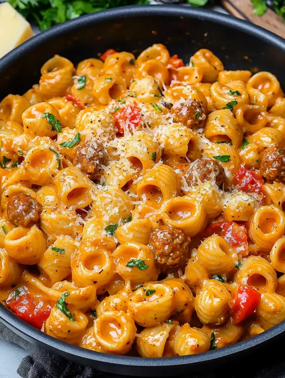 Eine Nahaufnahme einer Schüssel Pasta mit Fleischbällchen, roten Paprika, Kräutern und geriebenem Käse in einer cremigen Soße.