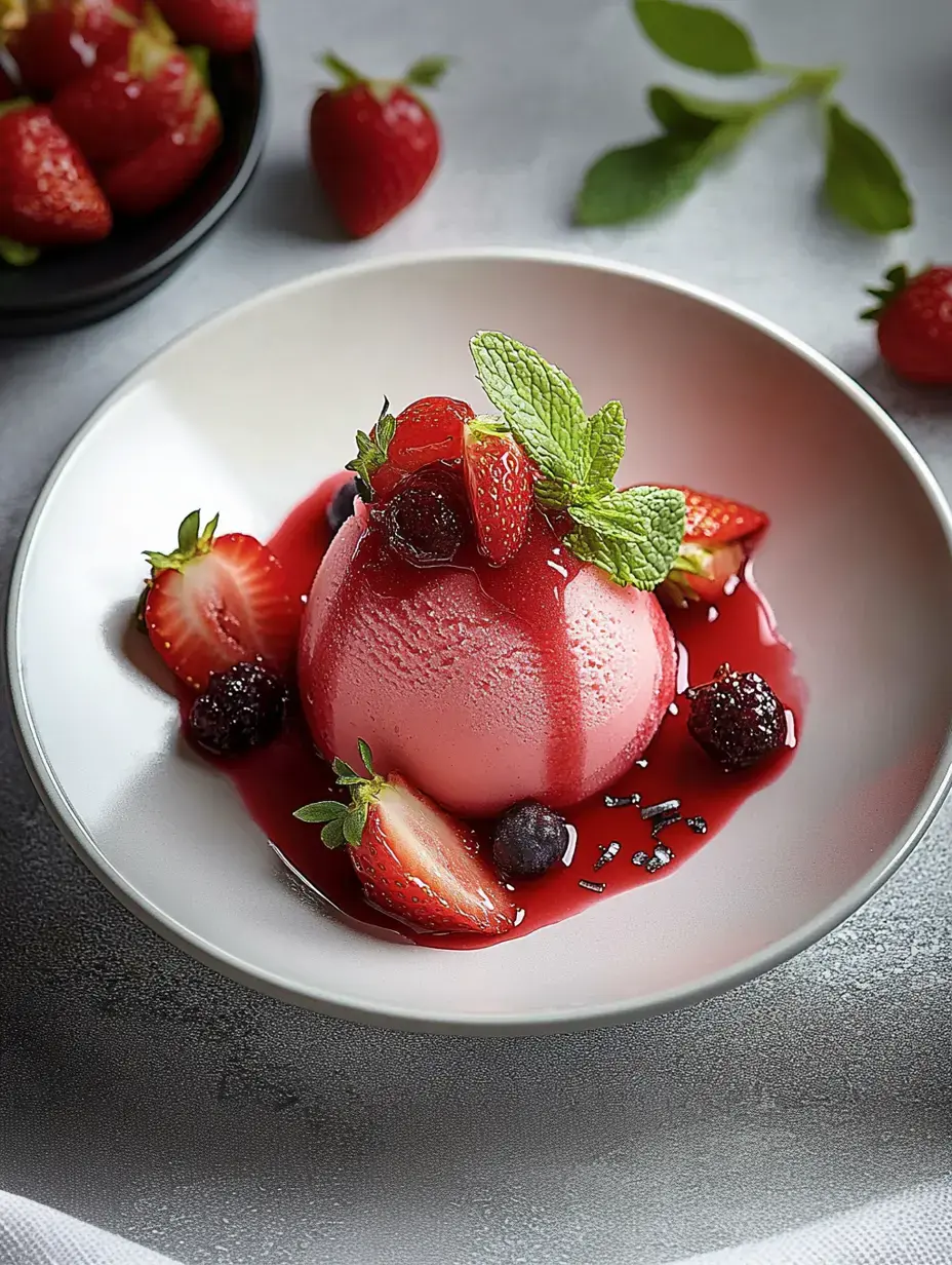 Eine Kugel rosa Dessert ist mit frischen Erdbeeren, Heidelbeeren und Minze garniert, serviert in einer Schüssel mit einem Beerensoßenstreifen.
