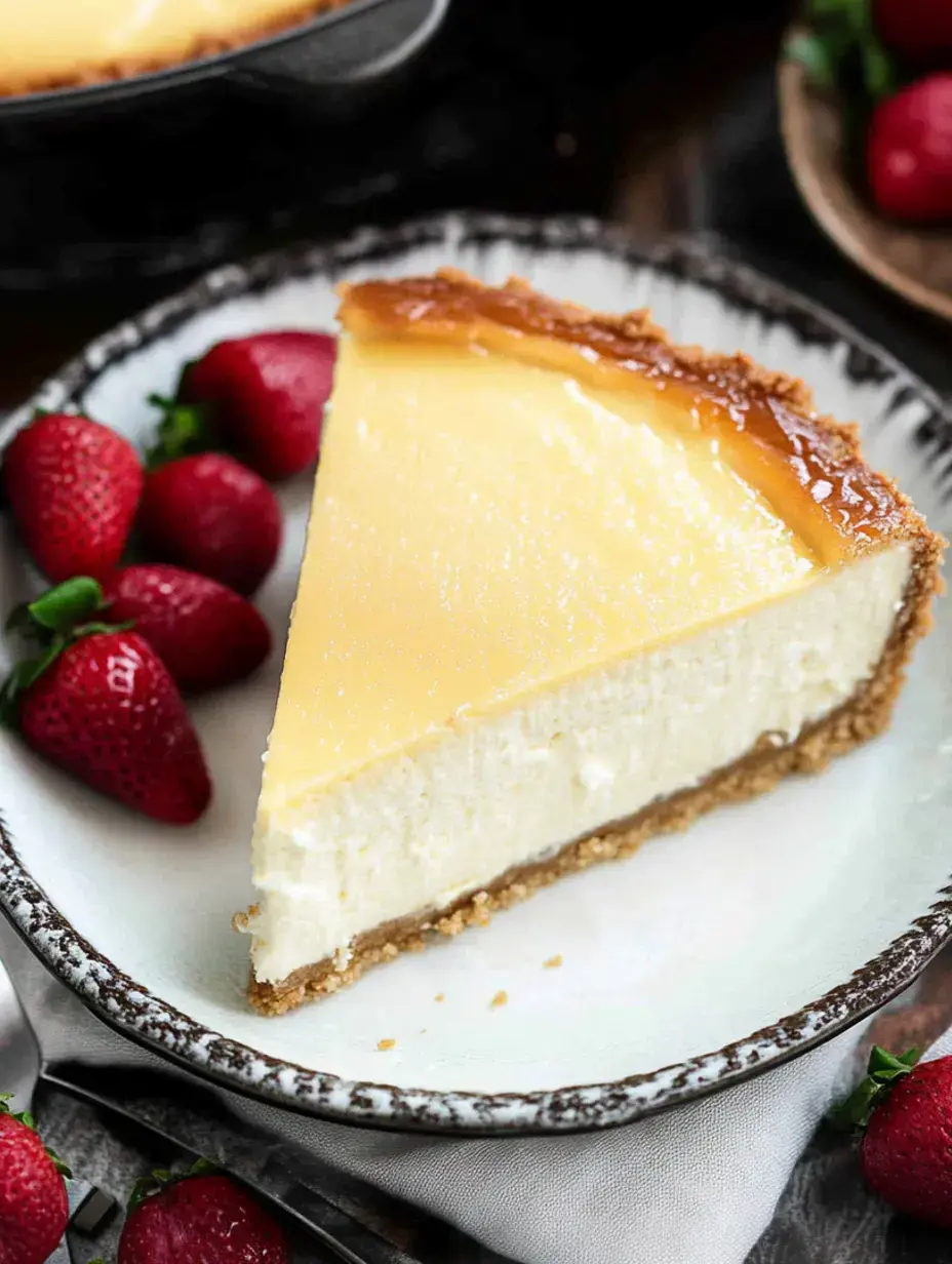 Ein Stück cremiger Käsekuchen mit goldener Oberfläche wird auf einem Teller mit frischen Erdbeeren serviert.