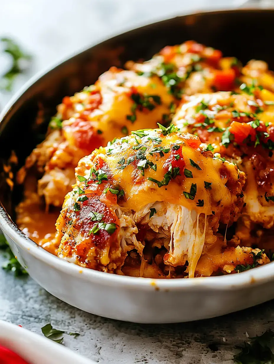 Eine Nahaufnahme eines Gerichts mit käsig überbackenem Huhn, garniert mit gewürfelten Tomaten und frischer Petersilie.