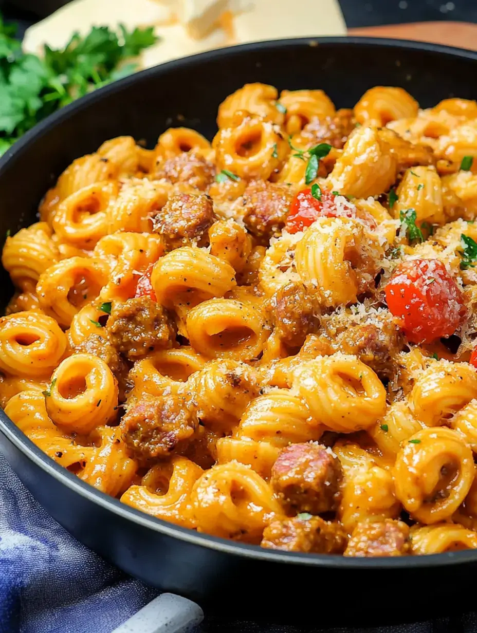 Eine Nahaufnahme einer Schüssel cremiger Pasta mit Wurst, Kirschtomaten, garniert mit geriebenem Käse und frischen Kräutern.
