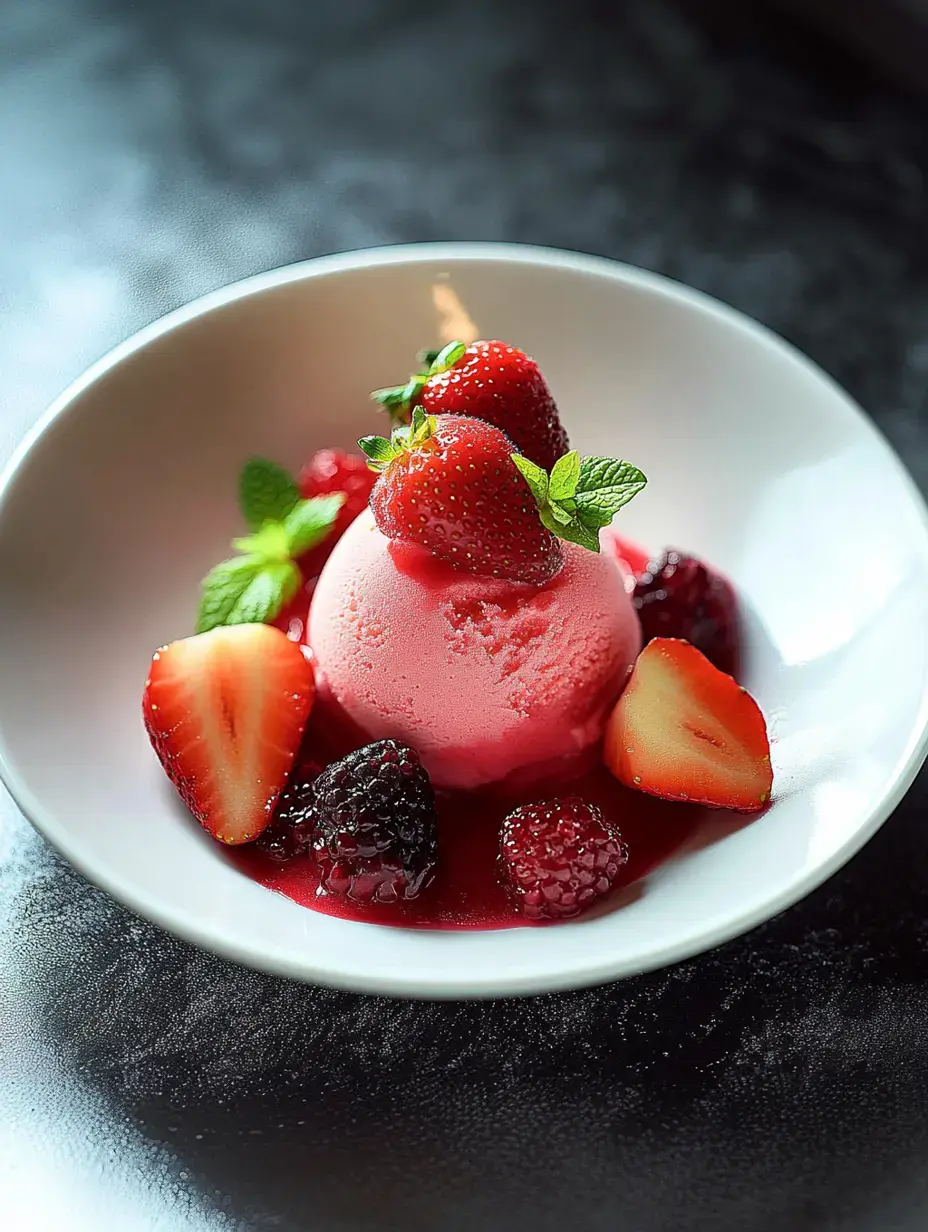 Eine Schüssel mit rosa Erdbeereis, garniert mit frischen Erdbeeren, Minzblättern und Beerensoße, umgeben von gemischten Beeren.