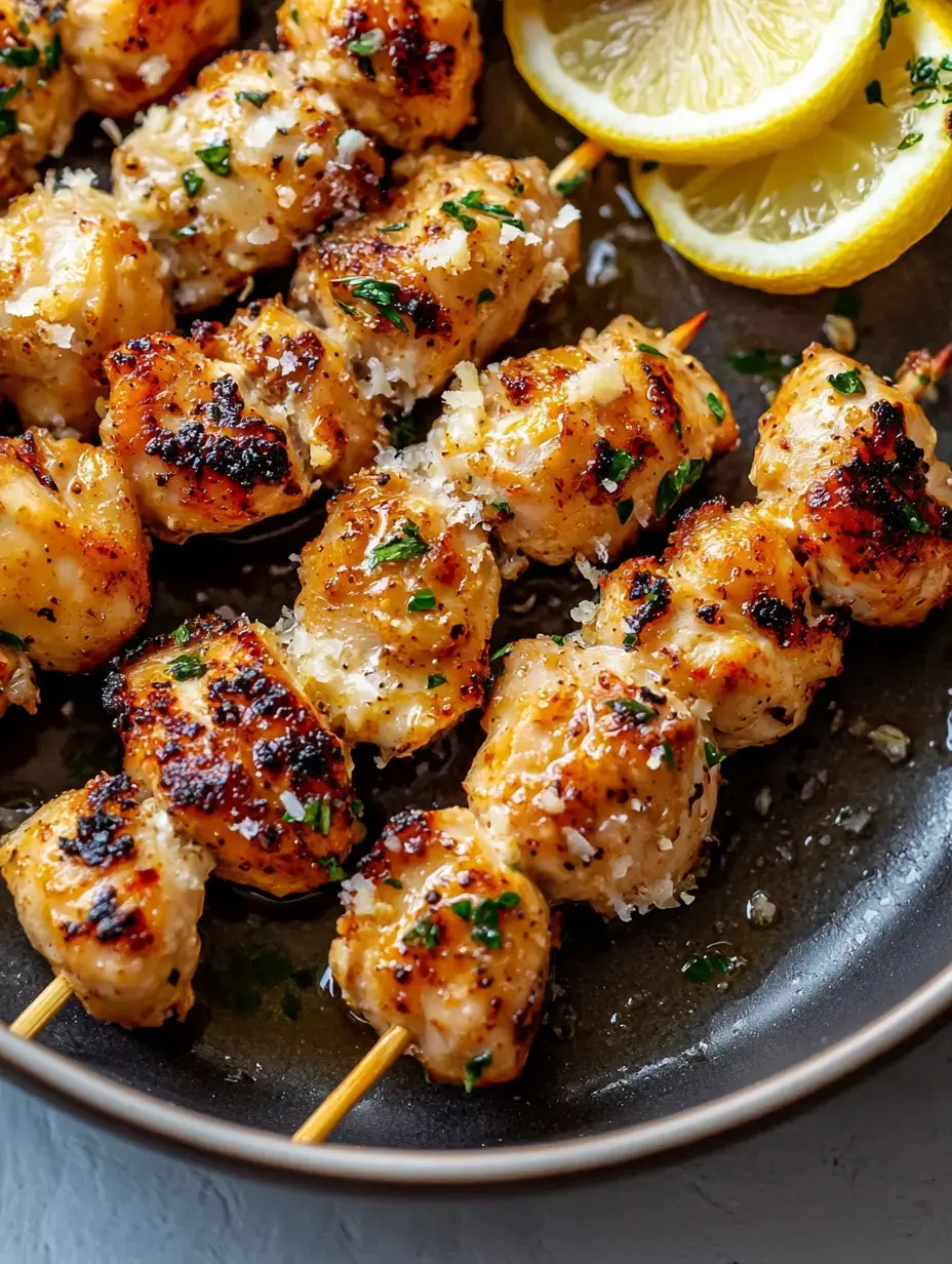 Ein Teller mit gegrillten Hähnchen-Spießen, mit Kräutern garniert und mit Käse bestreut, dazu Zitronenscheiben.