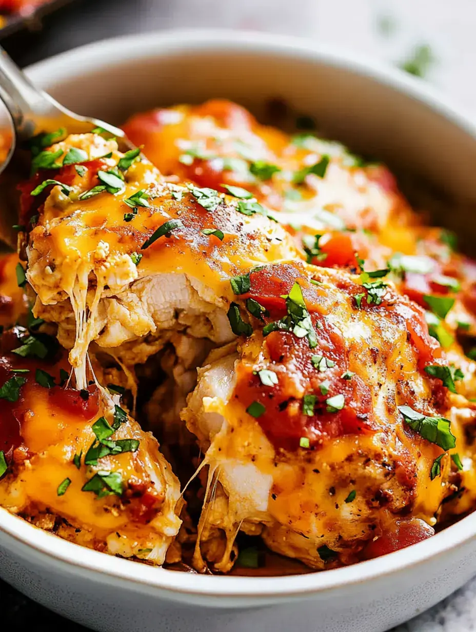 Eine Nahaufnahme eines käsigen Hühnergerichts mit Salsa und frischen Kräutern in einer weißen Schüssel garniert.