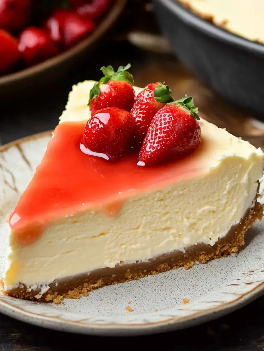 Ein Stück cremiger Käsekuchen mit Erdbeeren und glänzender Erdbeerglasur, serviert auf einem dekorativen Teller.