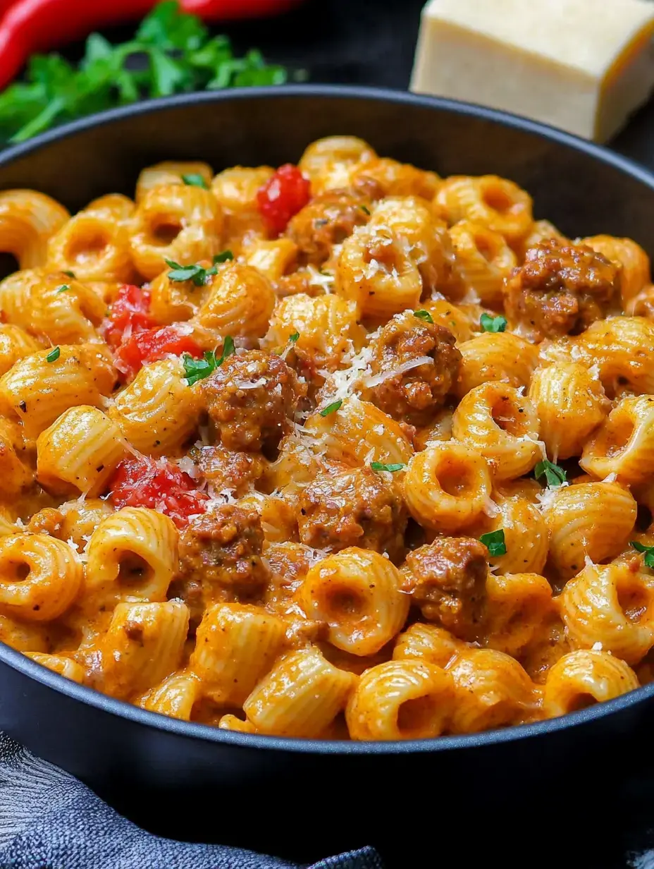Eine herzhafte Schüssel Pasta mit Fleischbällchen, Tomaten und einer cremigen Soße, garniert mit frischen Kräutern und Parmesan.