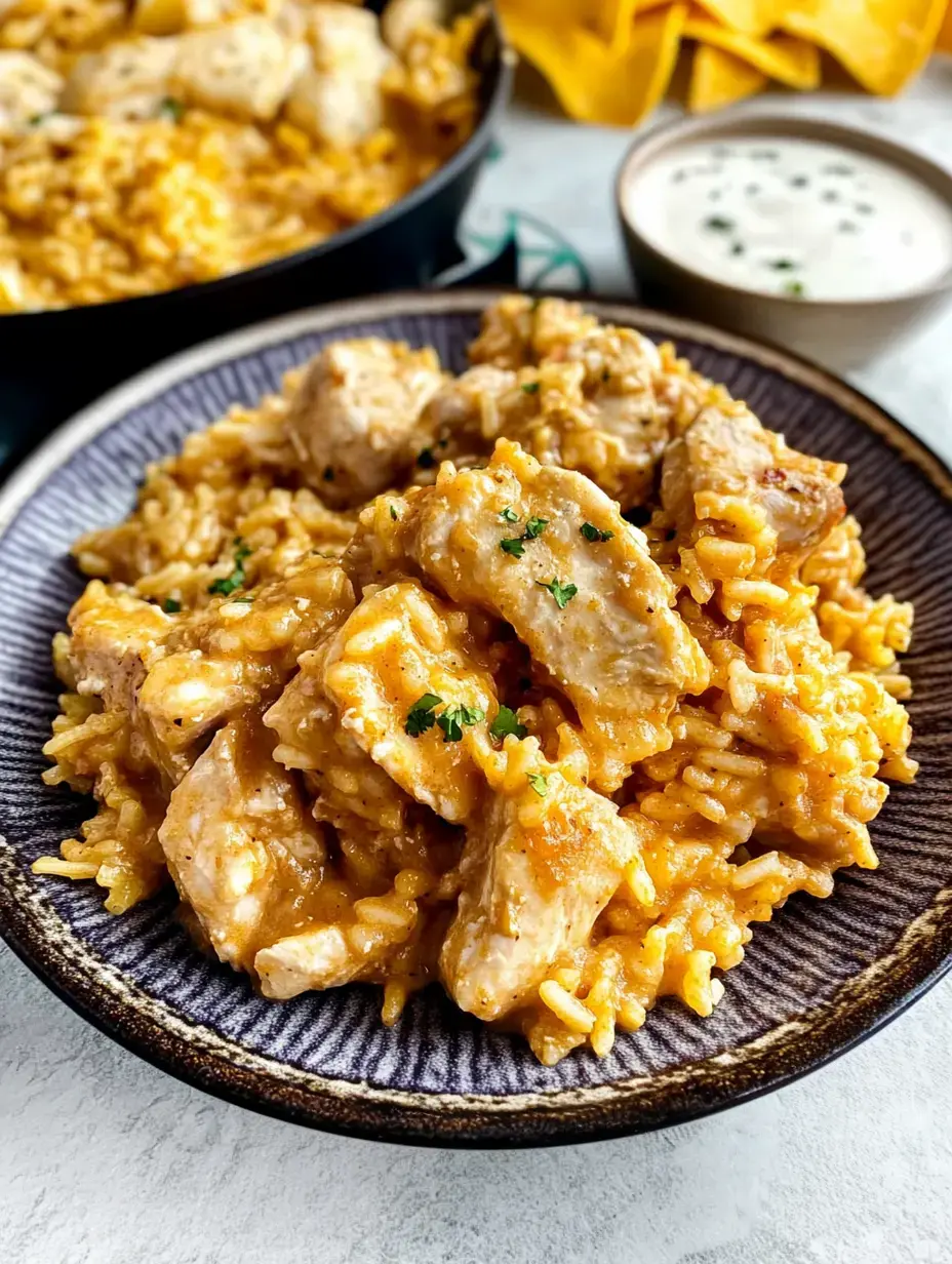 Eine Schüssel cremiges Hähnchen mit Reis, garniert mit Petersilie, dazu eine Schale Dip-Sauce.