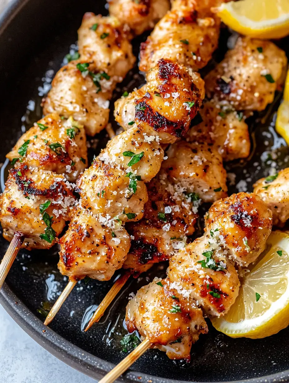 Gegrillte Hähnchen-Spieße mit Petersilie und Zitronenspalten auf einem dunklen Teller garniert.