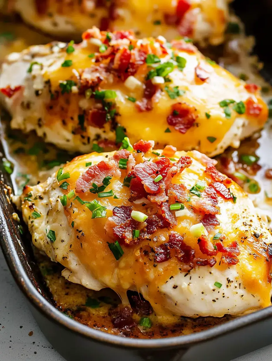 Gebackene Hähnchenbrust mit geschmolzenem Käse, knusprigem Speck und gehackten Frühlingszwiebeln in einer Servierplatte.